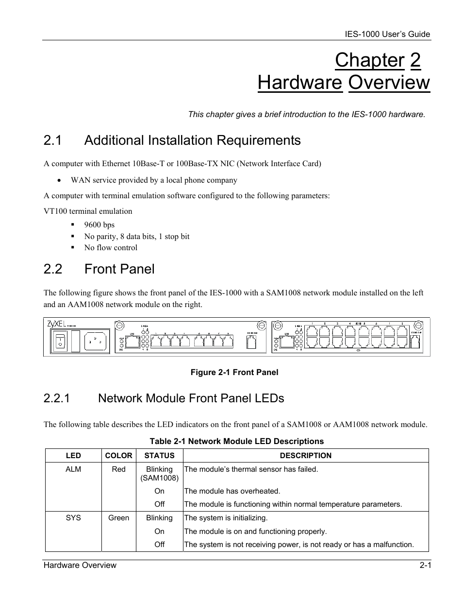 Hardware overview, Additional installation requirements, Front panel | Chapter 2 hardware overview, 1 additional installation requirements, 2 front panel, 1 network module front panel leds | ZyXEL Communications ZyXEL DMA 1000 User Manual | Page 21 / 120