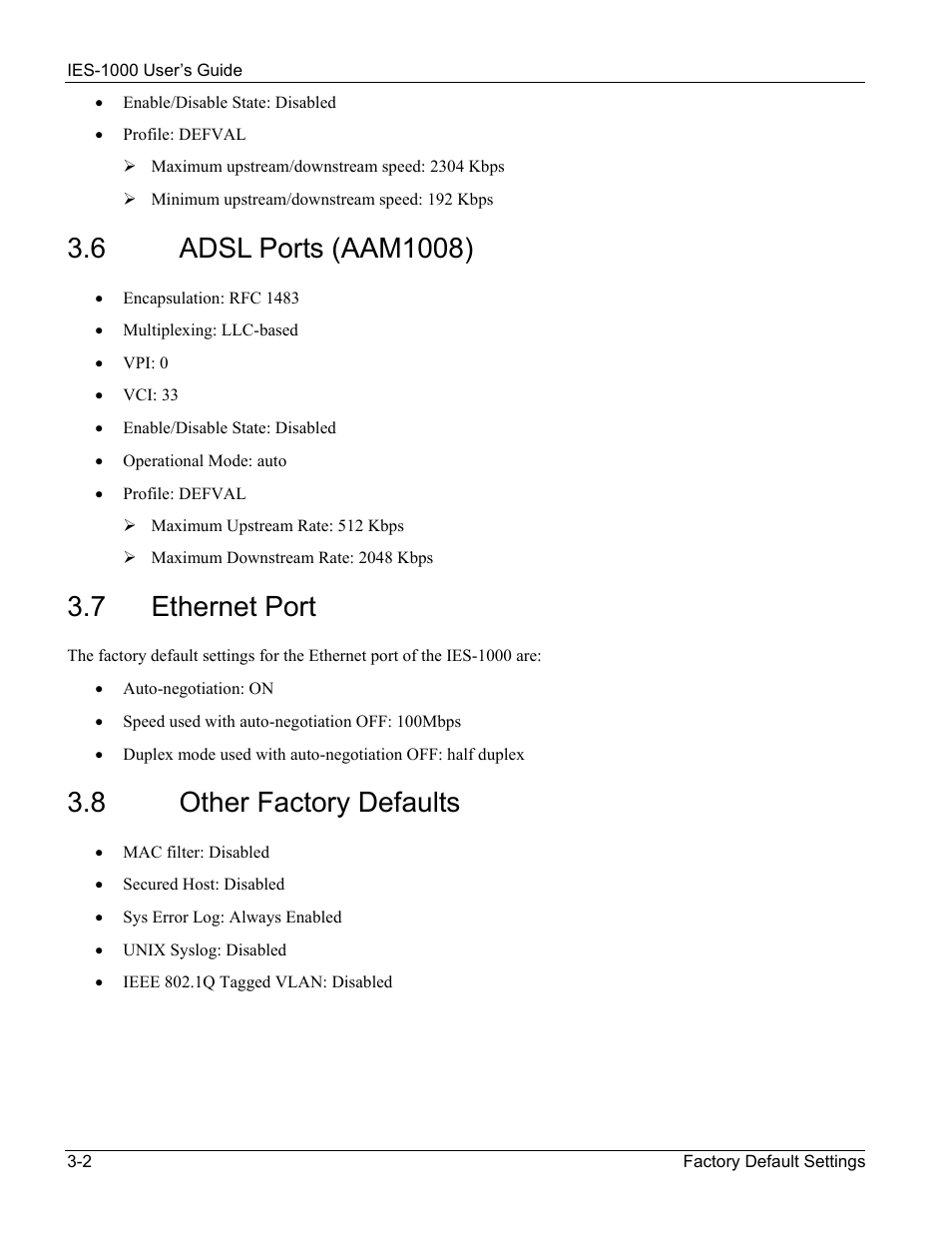 Adsl ports (aam1008), Ethernet port, Other factory defaults | 7 ethernet port, 8 other factory defaults | ZyXEL Communications ZyXEL DMA 1000 User Manual | Page 26 / 120