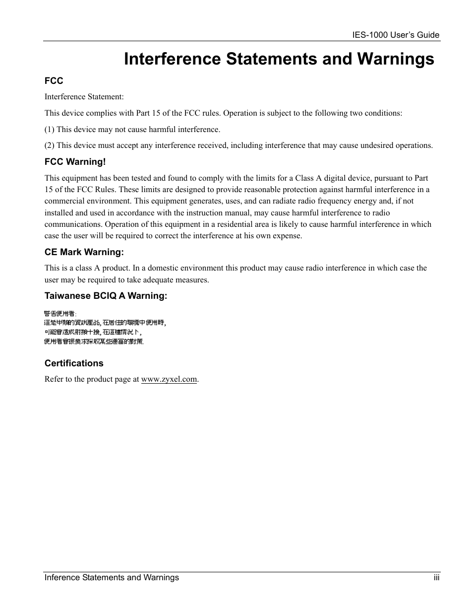 Interference statements and warnings | ZyXEL Communications ZyXEL DMA 1000 User Manual | Page 3 / 120