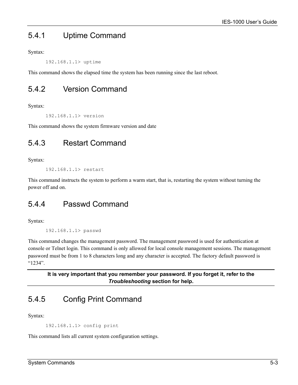 1 uptime command, 2 version command, 3 restart command | 4 passwd command, 5 config print command | ZyXEL Communications ZyXEL DMA 1000 User Manual | Page 33 / 120