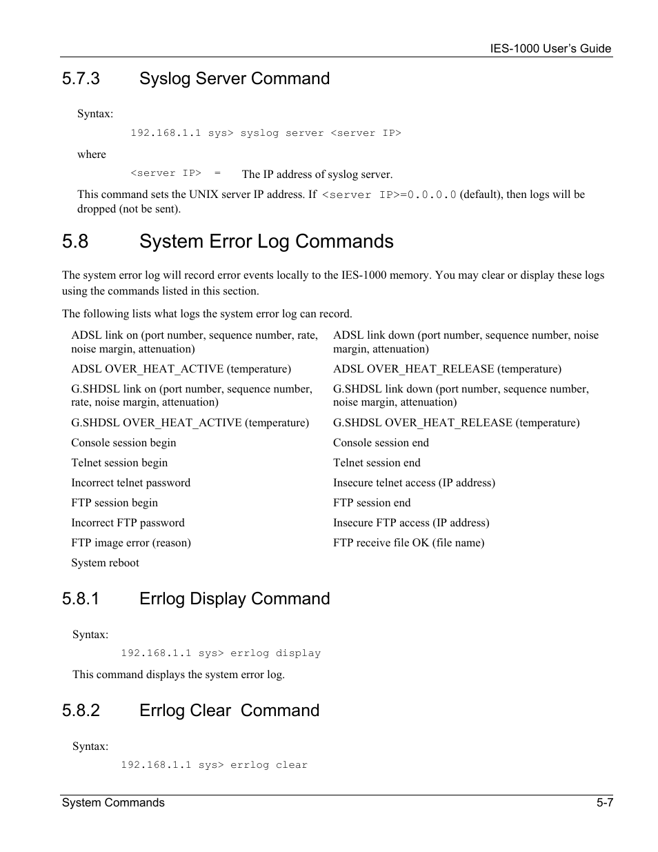 System error log commands, 8 system error log commands, 3 syslog server command | 1 errlog display command, 2 errlog clear command | ZyXEL Communications ZyXEL DMA 1000 User Manual | Page 37 / 120