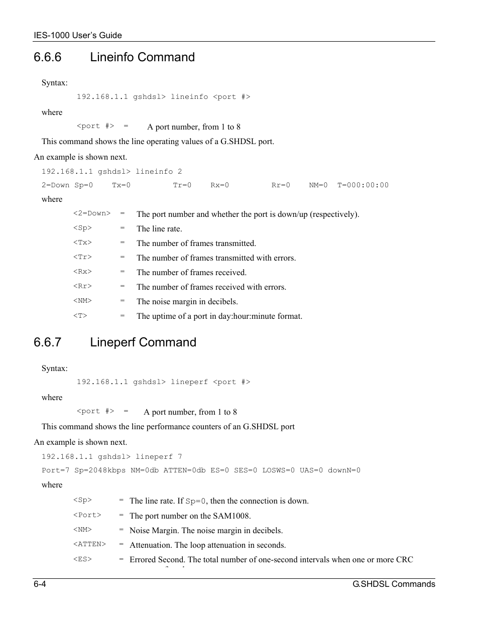 6 lineinfo command, 7 lineperf command | ZyXEL Communications ZyXEL DMA 1000 User Manual | Page 42 / 120
