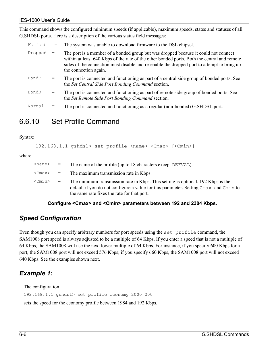10 set profile command, Speed configuration, Example 1 | ZyXEL Communications ZyXEL DMA 1000 User Manual | Page 44 / 120