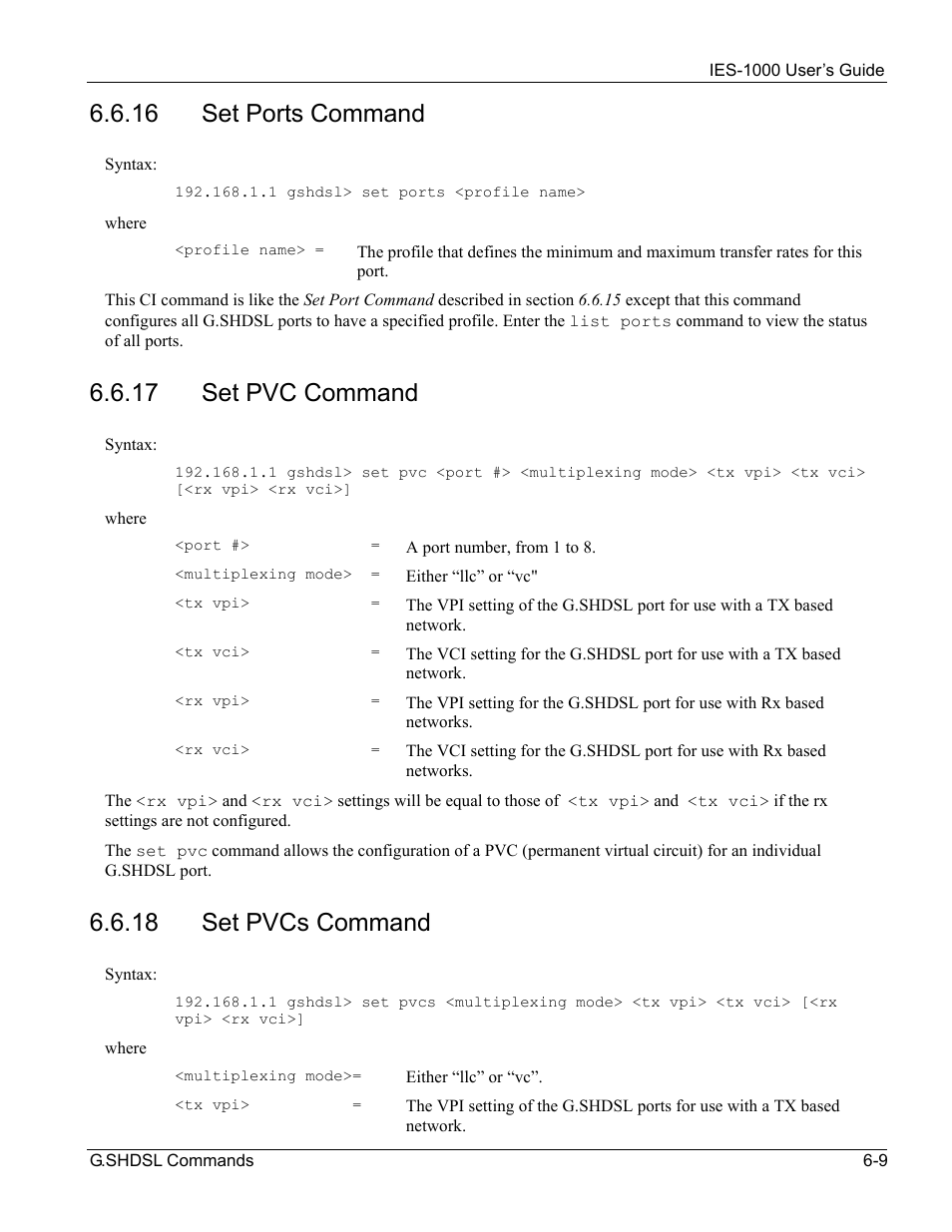 16 set ports command, 17 set pvc command, 18 set pvcs command | ZyXEL Communications ZyXEL DMA 1000 User Manual | Page 47 / 120