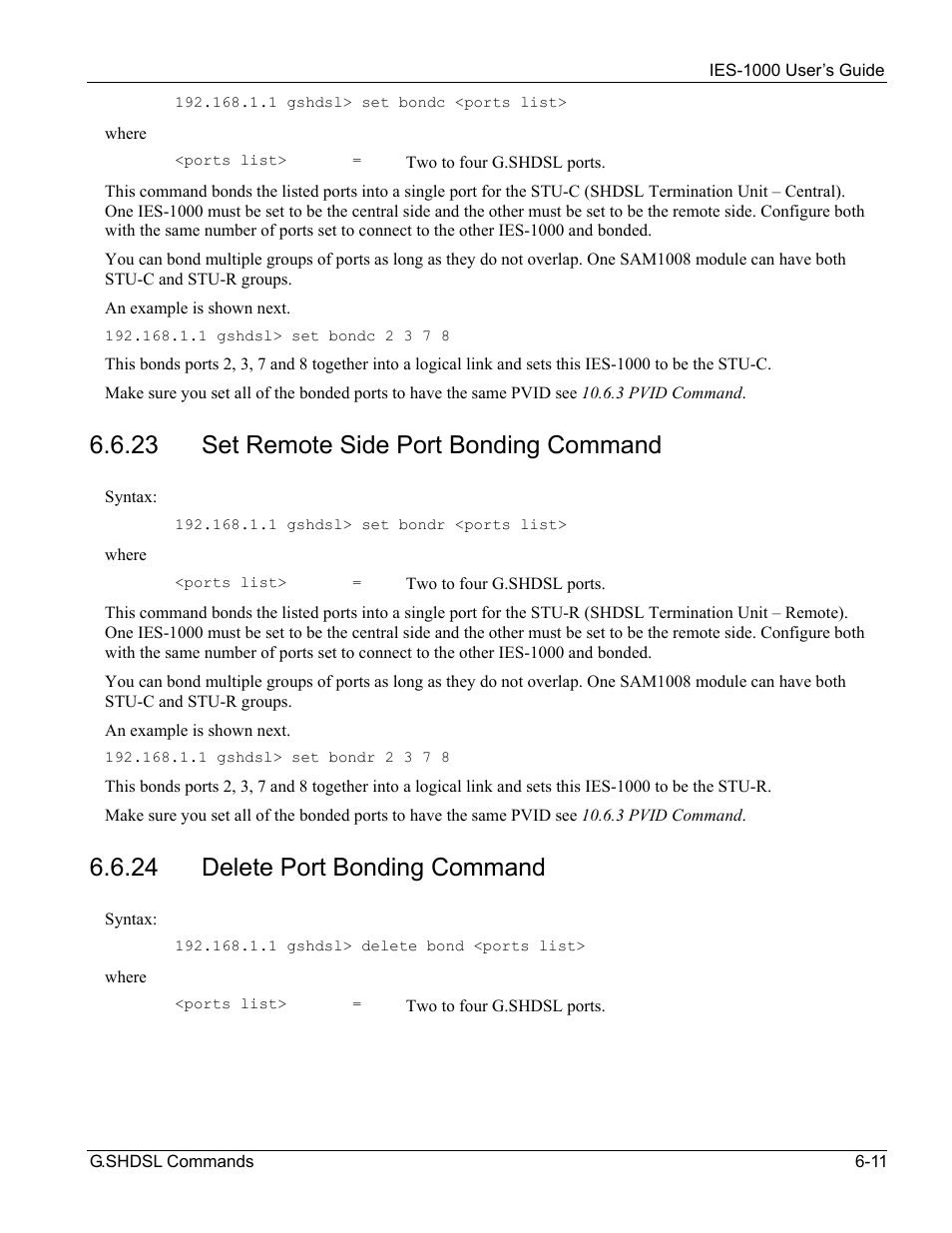 23 set remote side port bonding command, 24 delete port bonding command | ZyXEL Communications ZyXEL DMA 1000 User Manual | Page 49 / 120