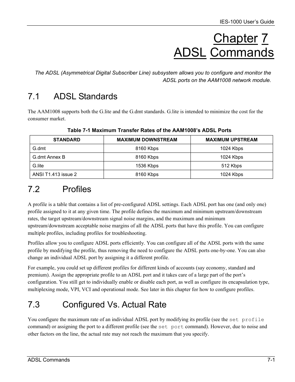 Adsl commands, Adsl standards, Profiles | Configured vs. actual rate, Chapter 7 adsl commands, 1 adsl standards, 2 profiles, 3 configured vs. actual rate | ZyXEL Communications ZyXEL DMA 1000 User Manual | Page 51 / 120