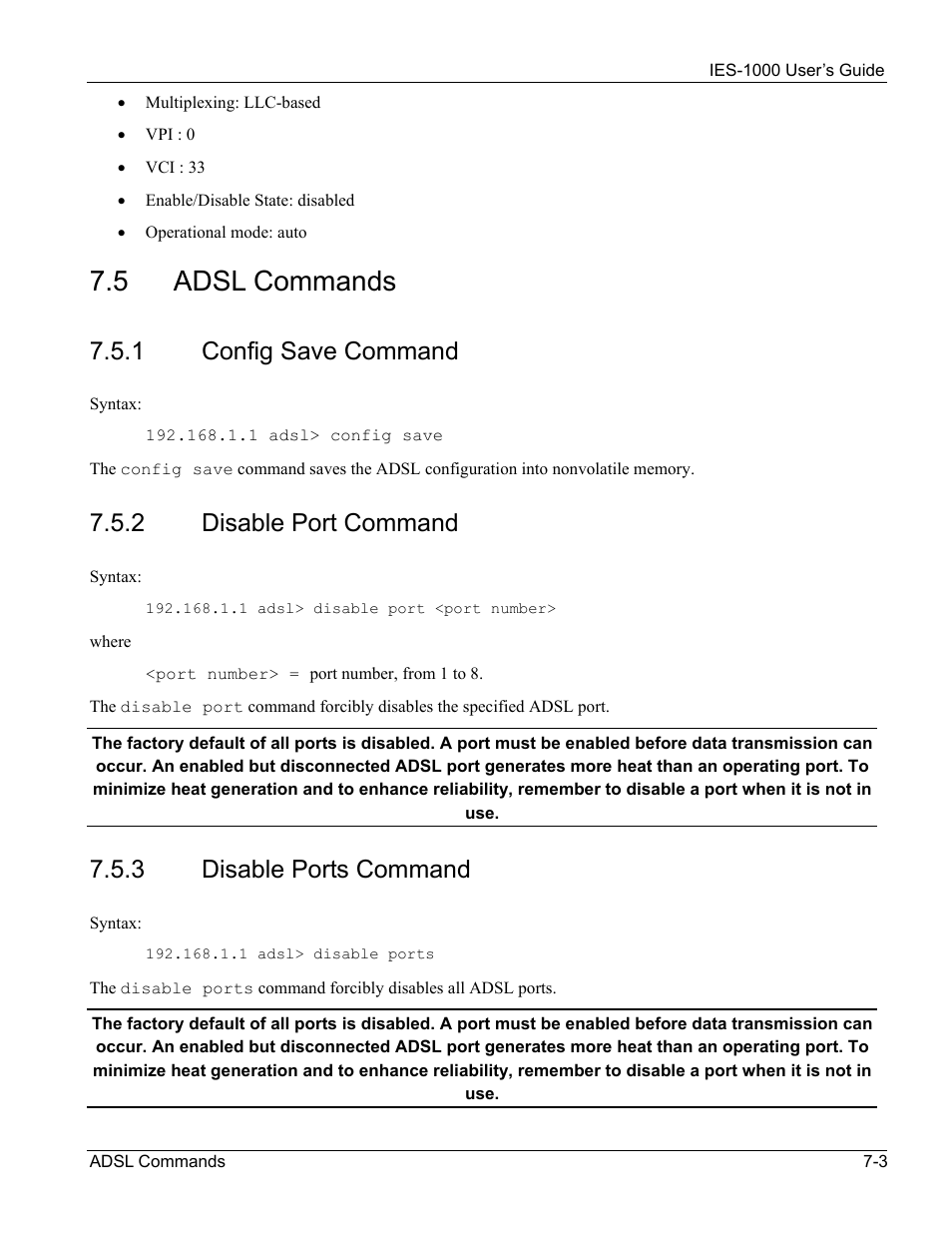 Adsl commands, 5 adsl commands, 1 config save command | 2 disable port command, 3 disable ports command | ZyXEL Communications ZyXEL DMA 1000 User Manual | Page 53 / 120