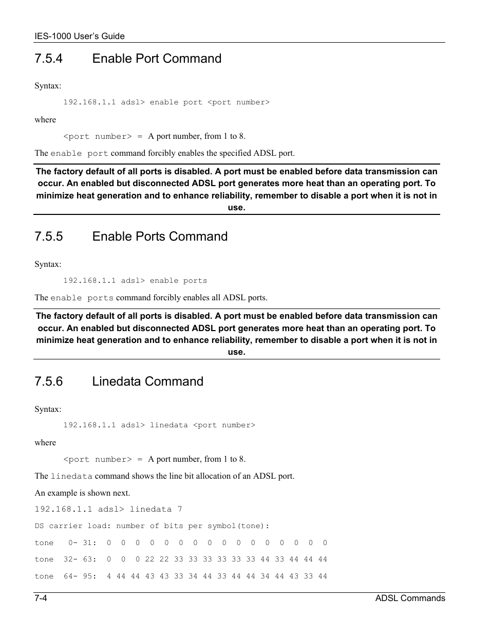 4 enable port command, 5 enable ports command, 6 linedata command | ZyXEL Communications ZyXEL DMA 1000 User Manual | Page 54 / 120
