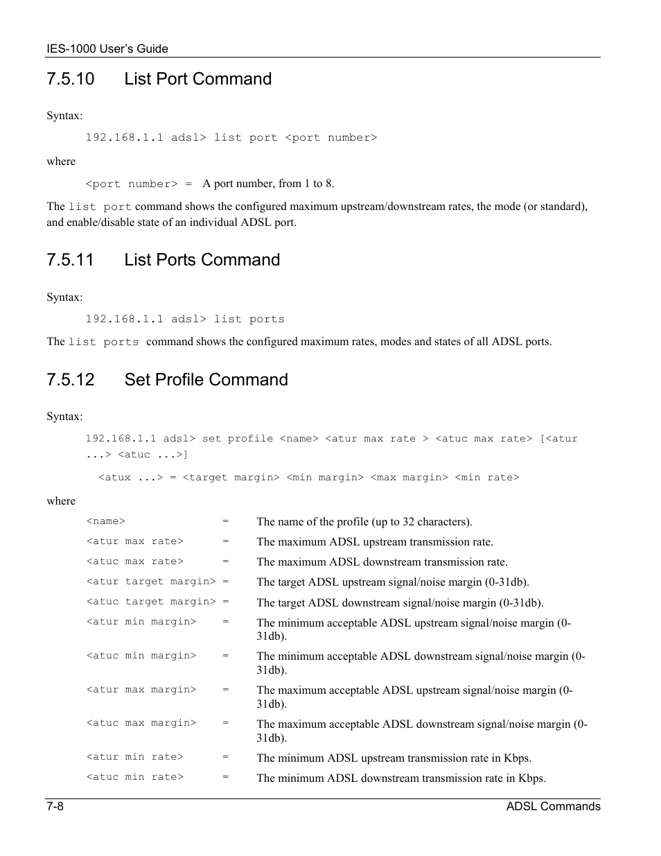 10 list port command, 11 list ports command, 12 set profile command | ZyXEL Communications ZyXEL DMA 1000 User Manual | Page 58 / 120