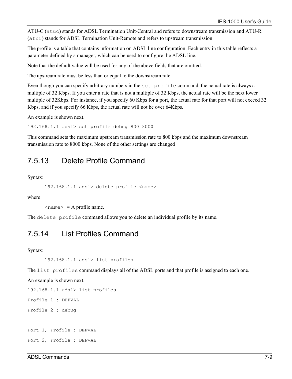 13 delete profile command, 14 list profiles command | ZyXEL Communications ZyXEL DMA 1000 User Manual | Page 59 / 120