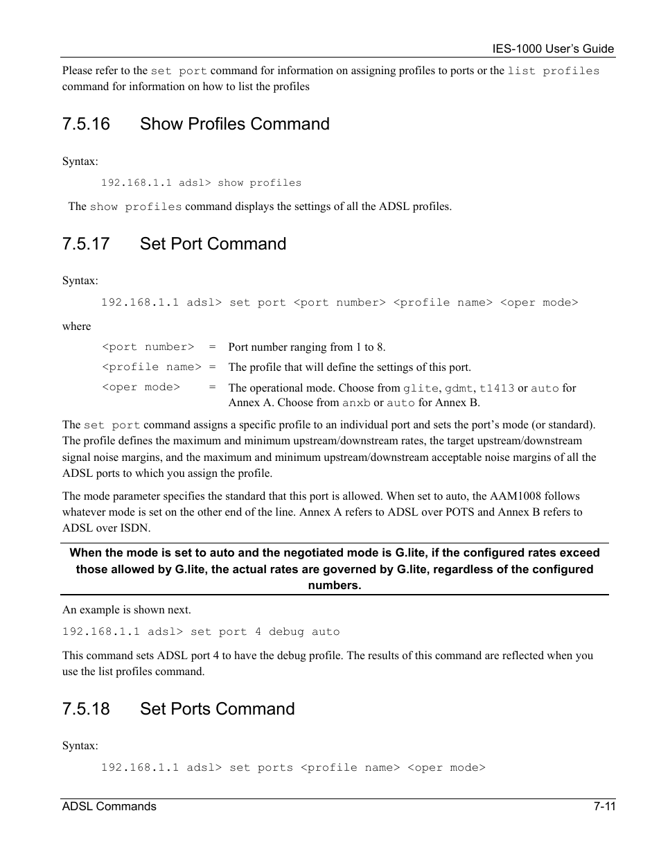 16 show profiles command, 17 set port command, 18 set ports command | ZyXEL Communications ZyXEL DMA 1000 User Manual | Page 61 / 120
