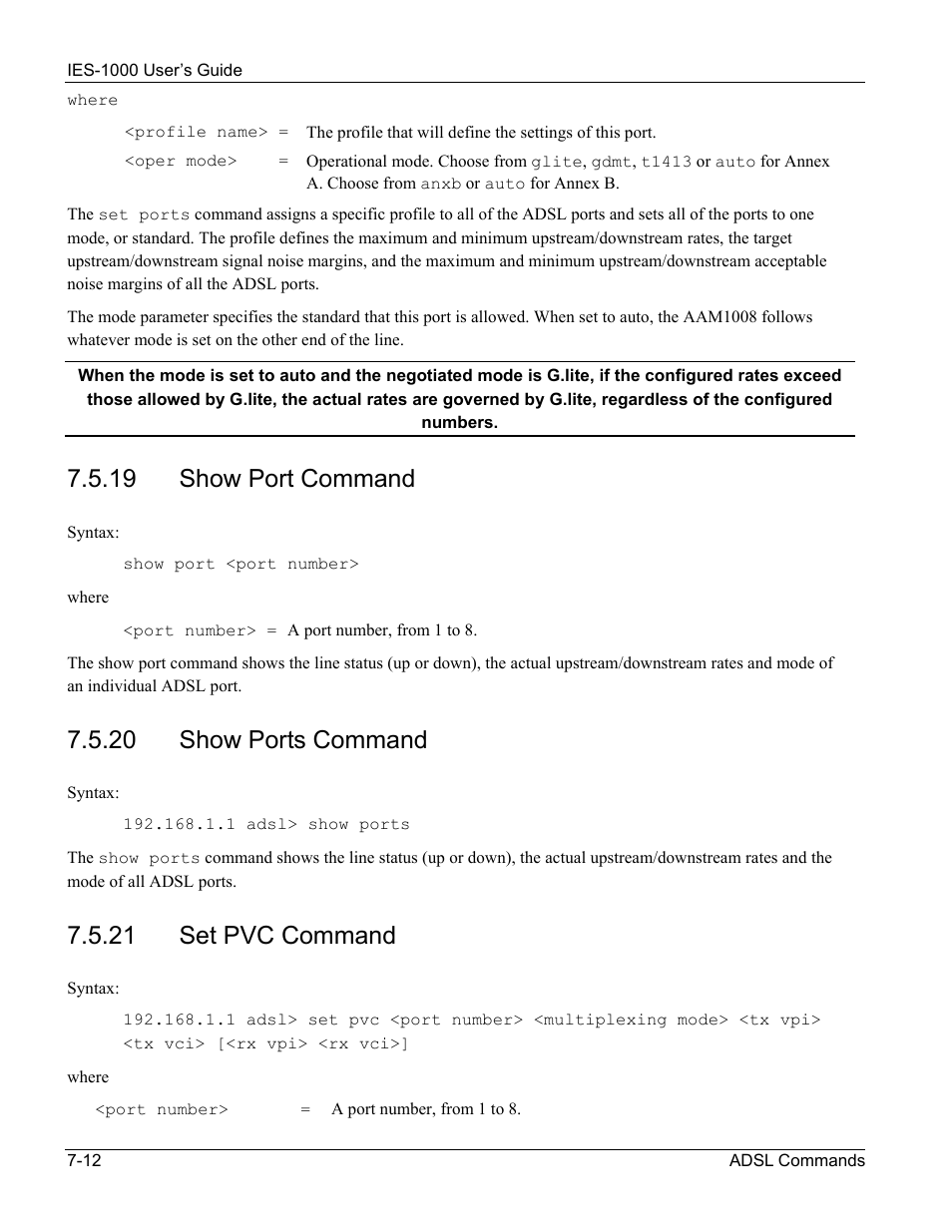 19 show port command, 20 show ports command, 21 set pvc command | ZyXEL Communications ZyXEL DMA 1000 User Manual | Page 62 / 120