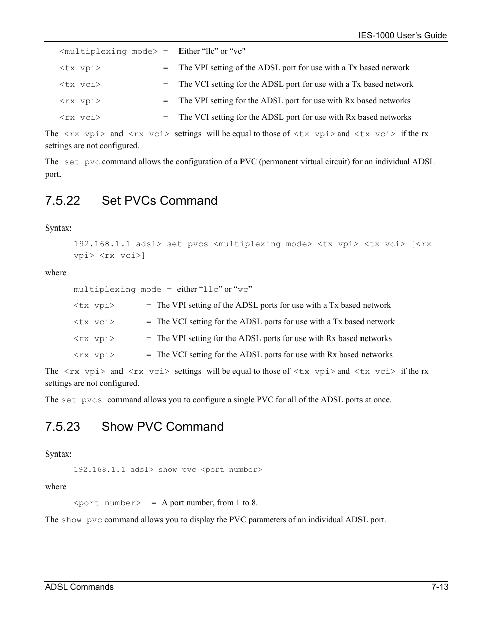 22 set pvcs command, 23 show pvc command | ZyXEL Communications ZyXEL DMA 1000 User Manual | Page 63 / 120