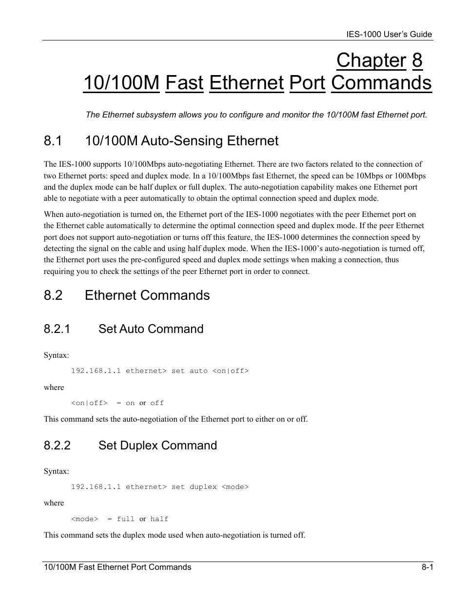 10/100m fast ethernet port commands, 10/100m auto-sensing ethernet, Ethernet commands | 2 ethernet commands | ZyXEL Communications ZyXEL DMA 1000 User Manual | Page 65 / 120