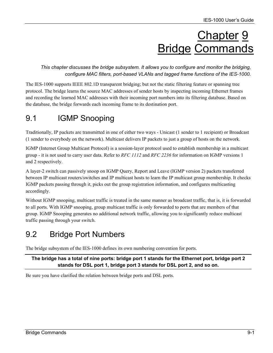 Bridge commands, Igmp snooping, Bridge port numbers | Chapter 9 bridge commands, 1 igmp snooping, 2 bridge port numbers | ZyXEL Communications ZyXEL DMA 1000 User Manual | Page 67 / 120