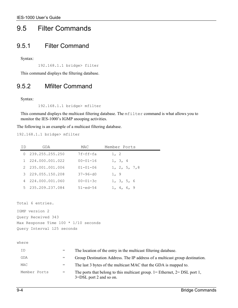 Filter commands, 5 filter commands, 1 filter command | 2 mfilter command | ZyXEL Communications ZyXEL DMA 1000 User Manual | Page 70 / 120