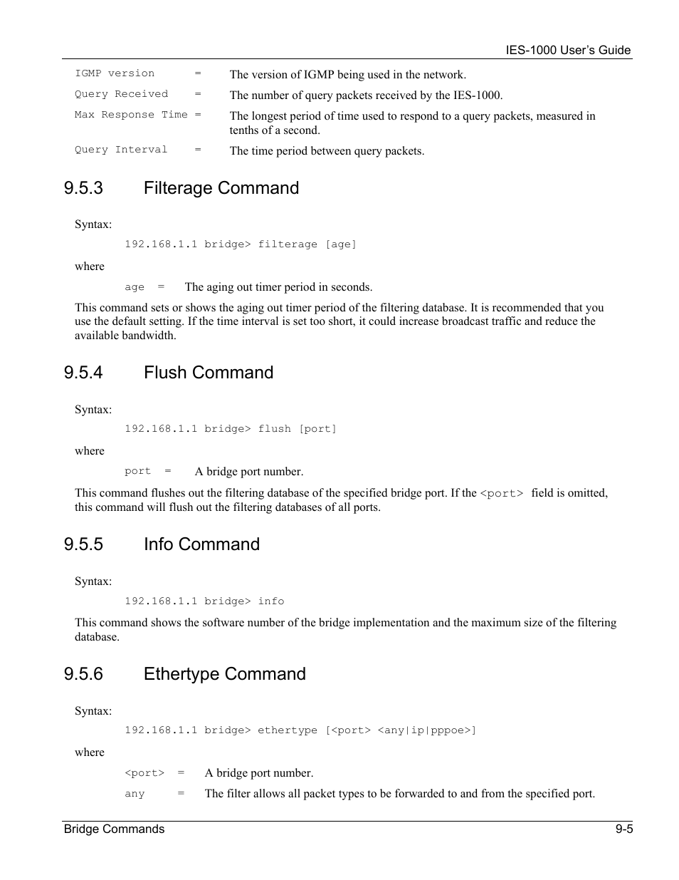 3 filterage command, 4 flush command, 5 info command | 6 ethertype command | ZyXEL Communications ZyXEL DMA 1000 User Manual | Page 71 / 120