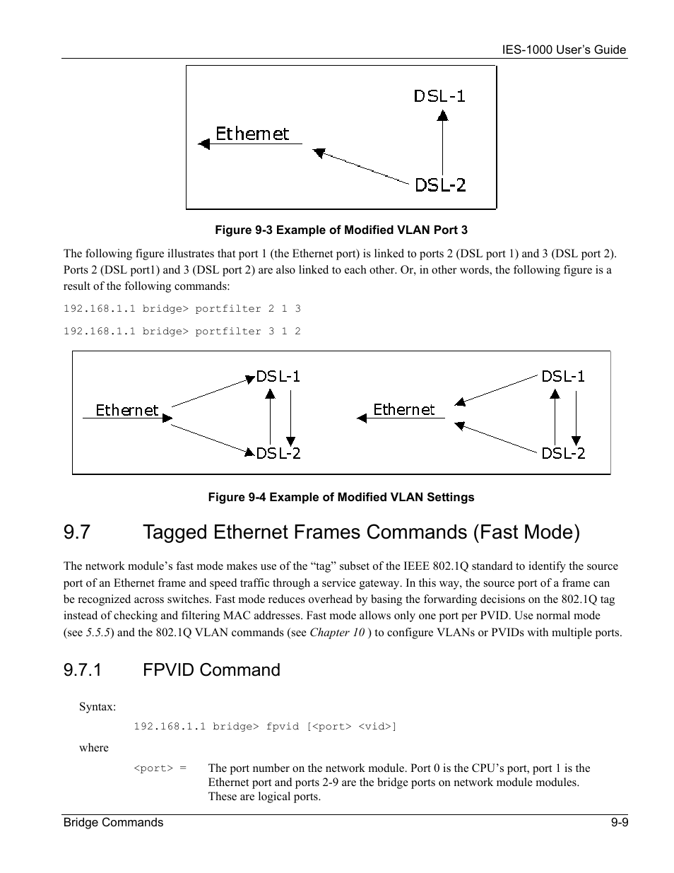 Tagged ethernet frames commands (fast mode), 7 tagged ethernet frames commands (fast mode), 1 fpvid command | ZyXEL Communications ZyXEL DMA 1000 User Manual | Page 75 / 120