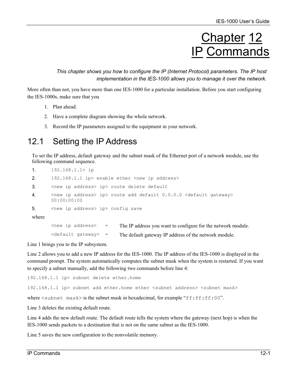 Ip commands, Setting the ip address, Chapter 12 ip commands | 1 setting the ip address | ZyXEL Communications ZyXEL DMA 1000 User Manual | Page 91 / 120