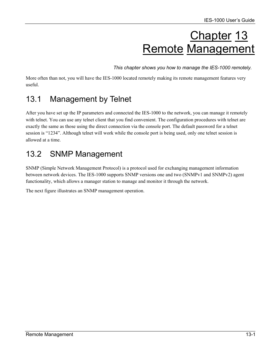 Remote management, Management by telnet, Snmp management | Chapter 13 remote management, 1 management by telnet, 2 snmp management | ZyXEL Communications ZyXEL DMA 1000 User Manual | Page 97 / 120