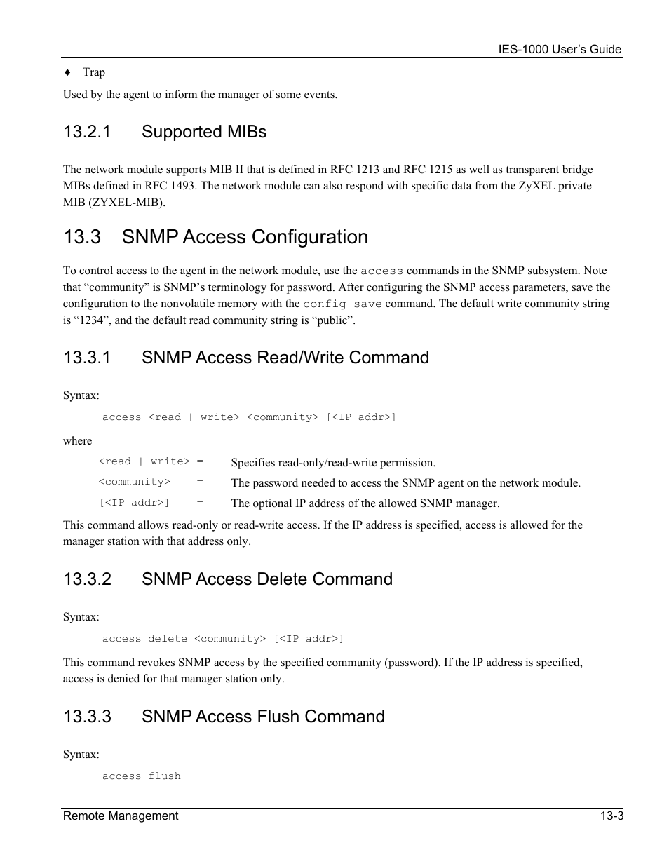 Snmp access configuration, 3 snmp access configuration, 1 supported mibs | 1 snmp access read/write command, 2 snmp access delete command, 3 snmp access flush command | ZyXEL Communications ZyXEL DMA 1000 User Manual | Page 99 / 120