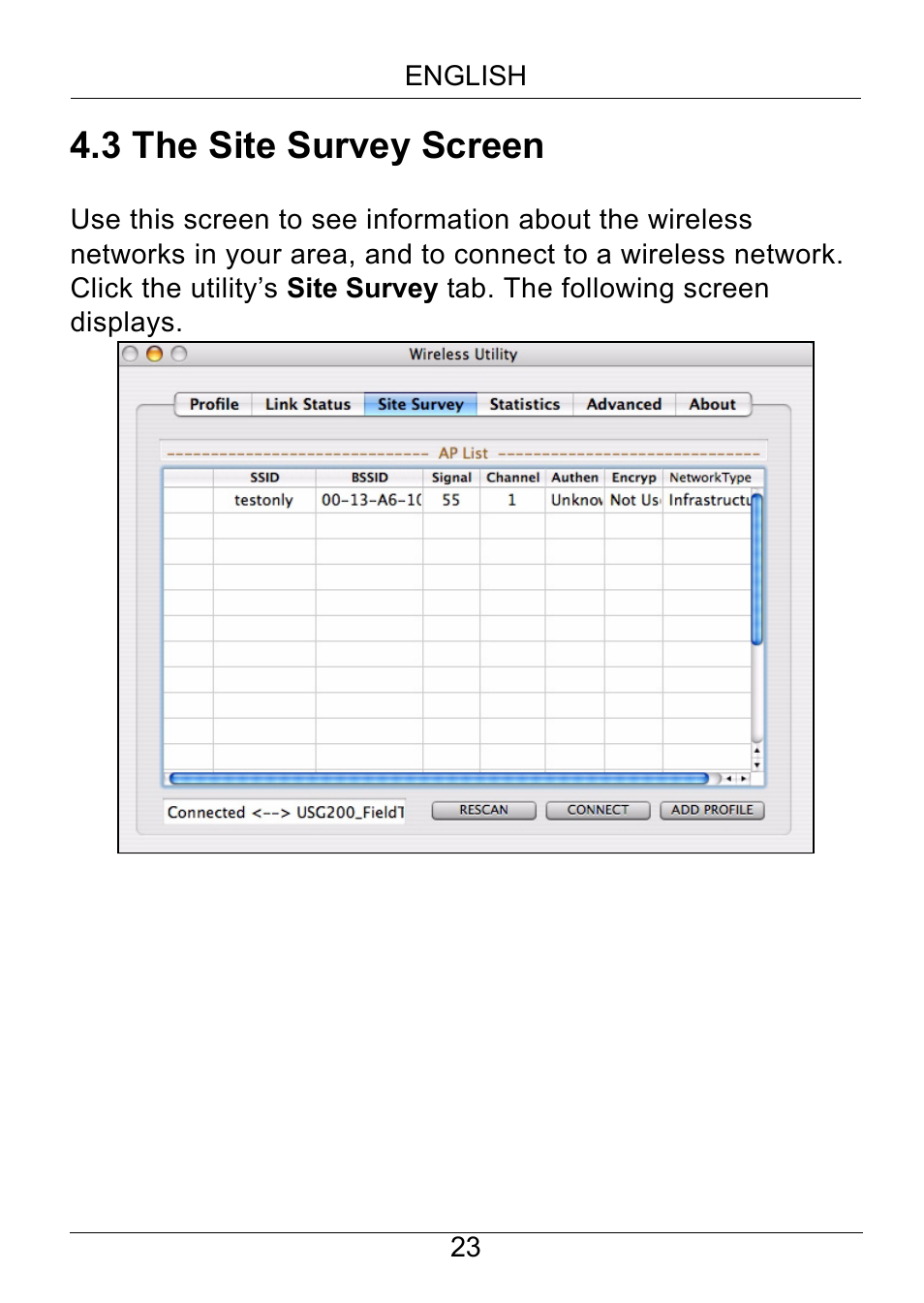 The site survey screen, 3 the site survey screen | ZyXEL Communications NWD210N User Manual | Page 24 / 105