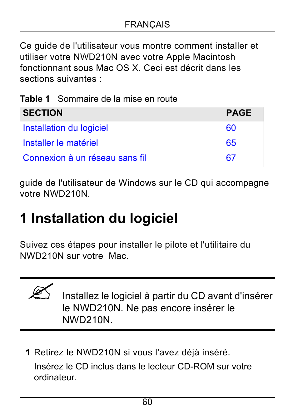 1 installation du logiciel | ZyXEL Communications NWD210N User Manual | Page 61 / 105