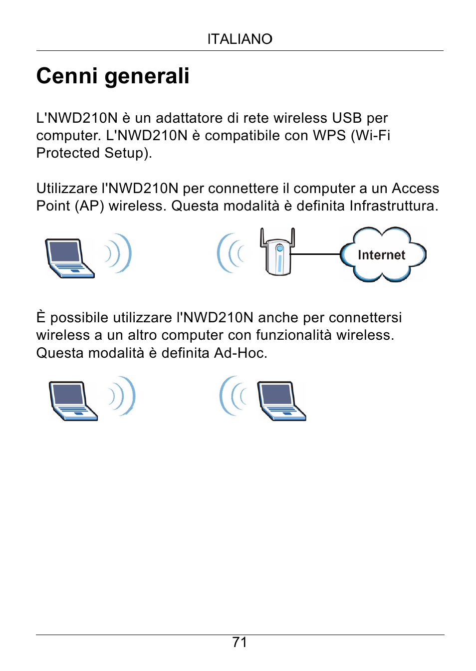 Italiano, Cenni generali | ZyXEL Communications NWD210N User Manual | Page 72 / 105