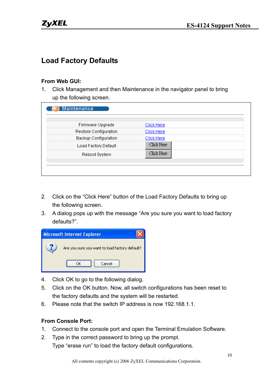 Load factory defaults | ZyXEL Communications ZyXEL Dimension ES-4124 User Manual | Page 10 / 135