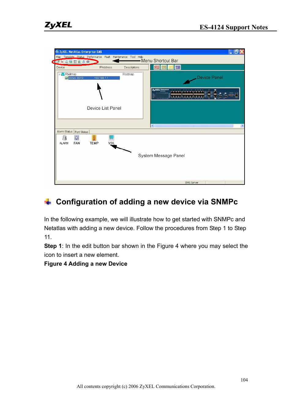 Configuration of adding a new device via snmpc | ZyXEL Communications ZyXEL Dimension ES-4124 User Manual | Page 104 / 135