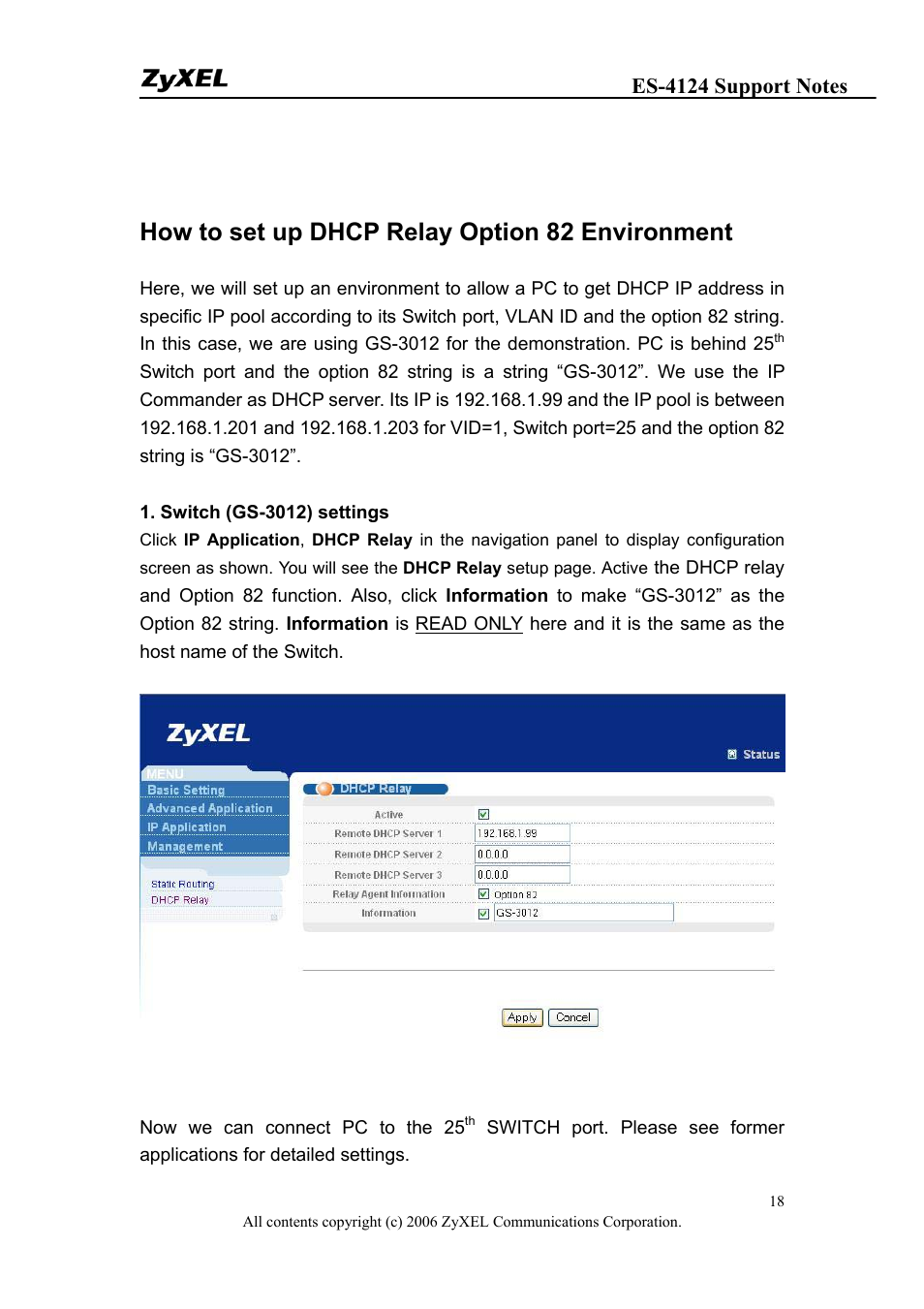 How to set up dhcp relay option 82 environment | ZyXEL Communications ZyXEL Dimension ES-4124 User Manual | Page 18 / 135