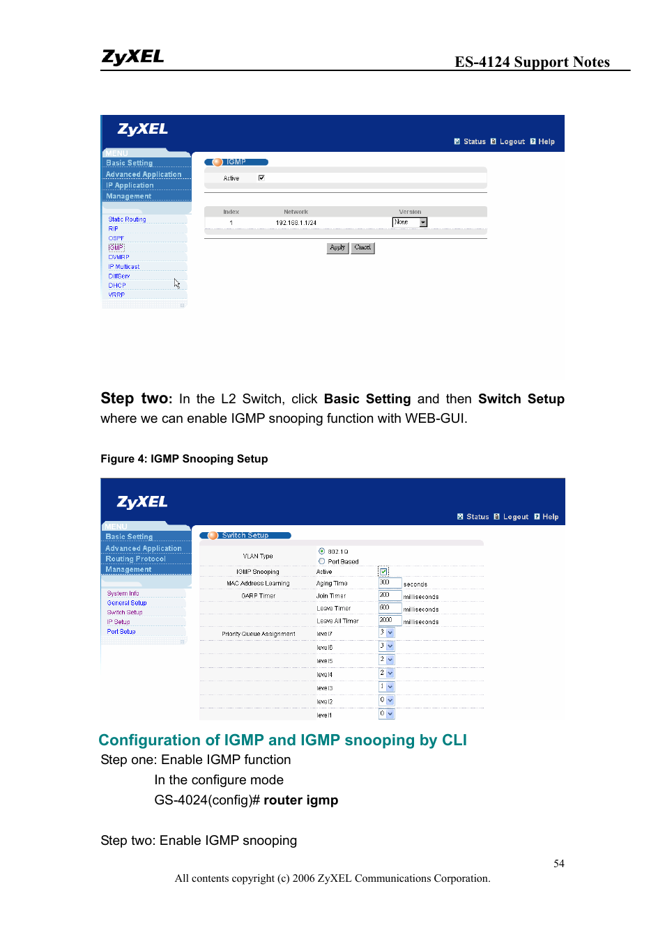 Step two, Configuration of igmp and igmp snooping by cli | ZyXEL Communications ZyXEL Dimension ES-4124 User Manual | Page 54 / 135