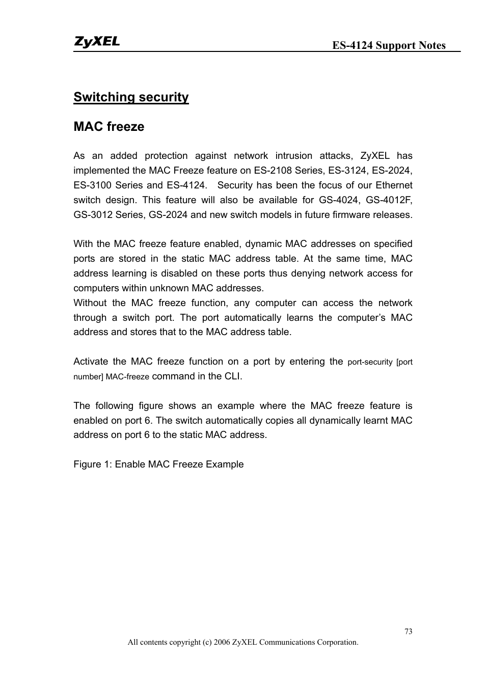 Switching security mac freeze | ZyXEL Communications ZyXEL Dimension ES-4124 User Manual | Page 73 / 135