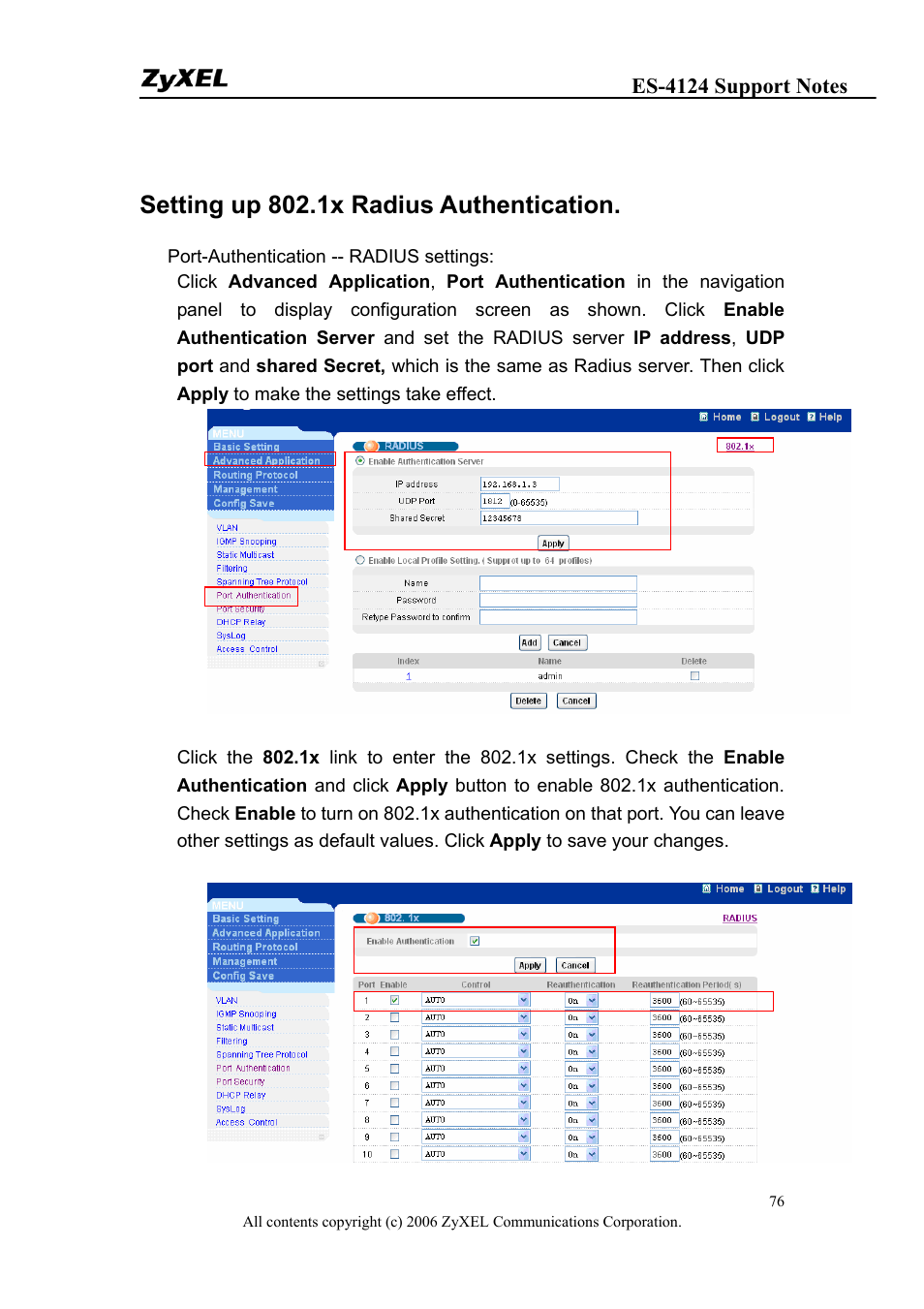 Setting up 802.1x radius authentication | ZyXEL Communications ZyXEL Dimension ES-4124 User Manual | Page 76 / 135