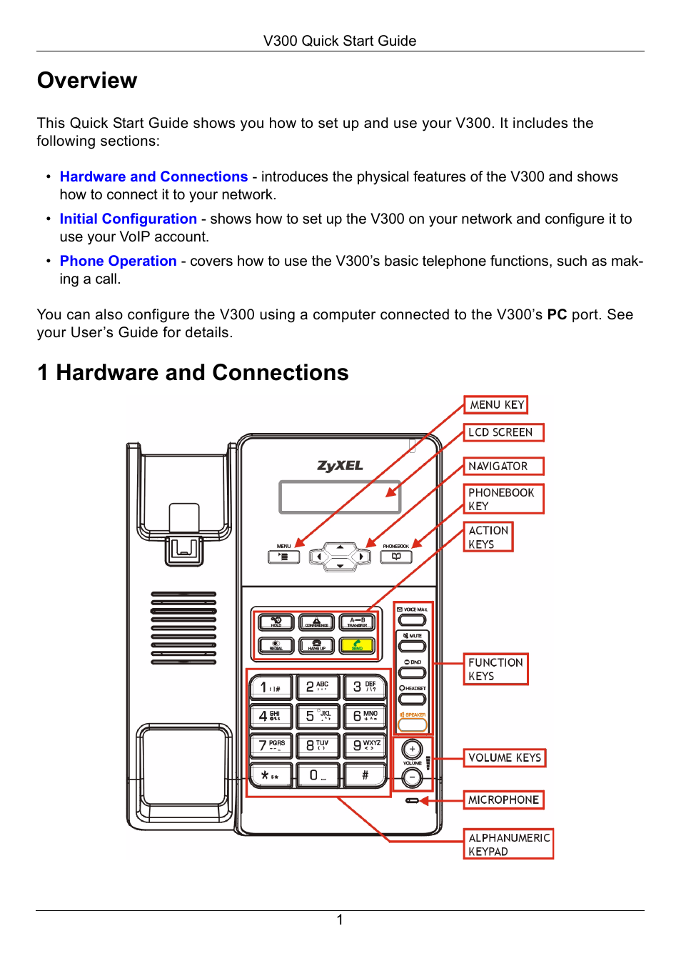 Overview, 1 hardware and connections | ZyXEL Communications V300-T1 User Manual | Page 2 / 13