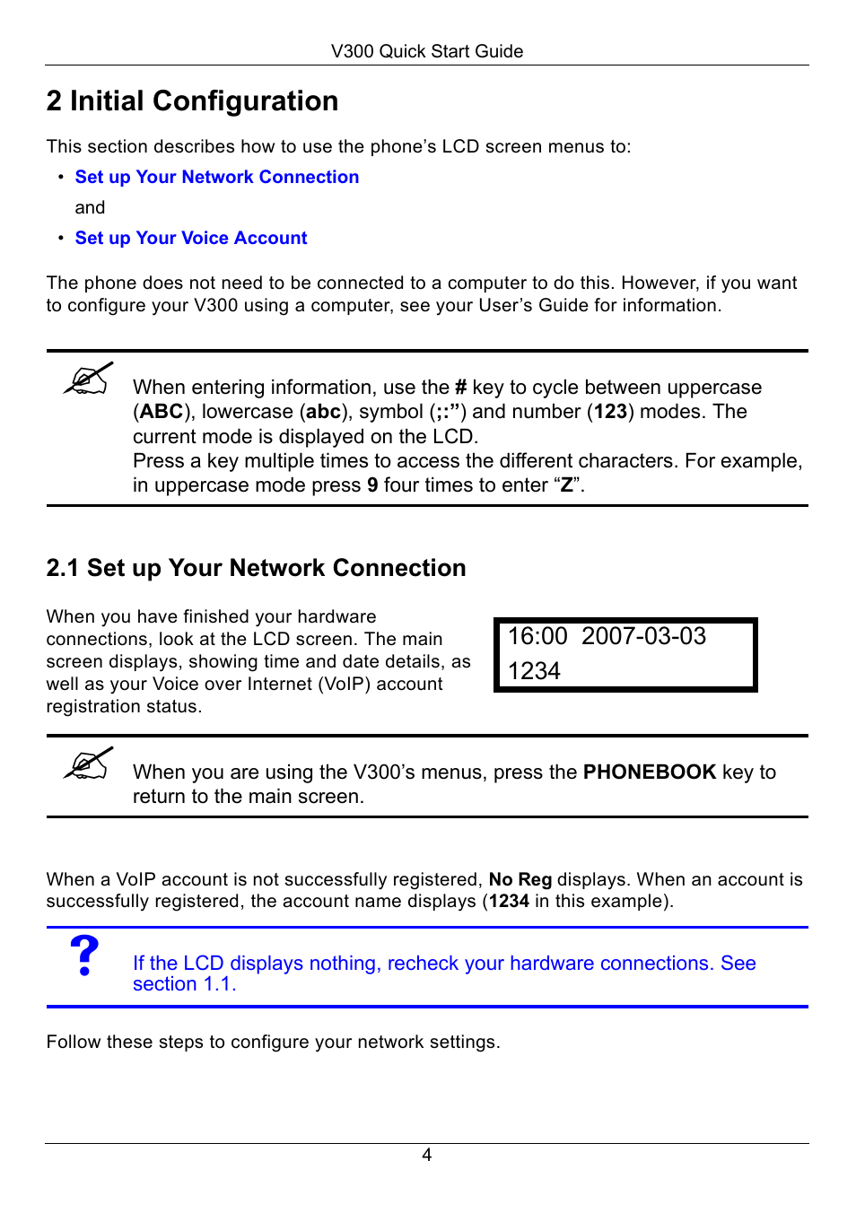 2 initial configuration, Initial configuration | ZyXEL Communications V300-T1 User Manual | Page 5 / 13