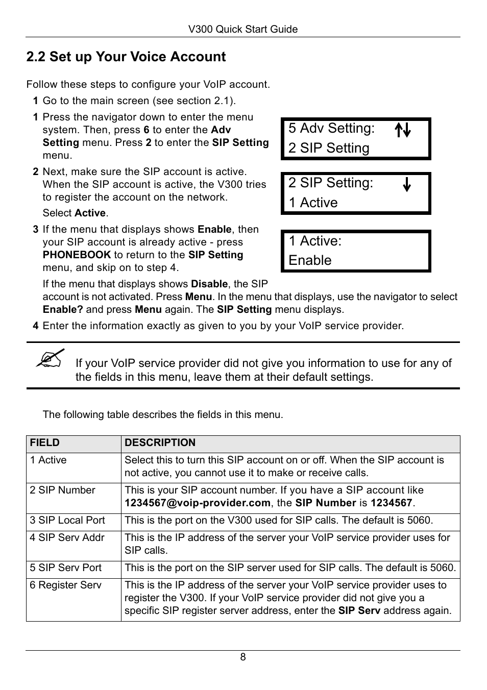 2 set up your voice account | ZyXEL Communications V300-T1 User Manual | Page 9 / 13