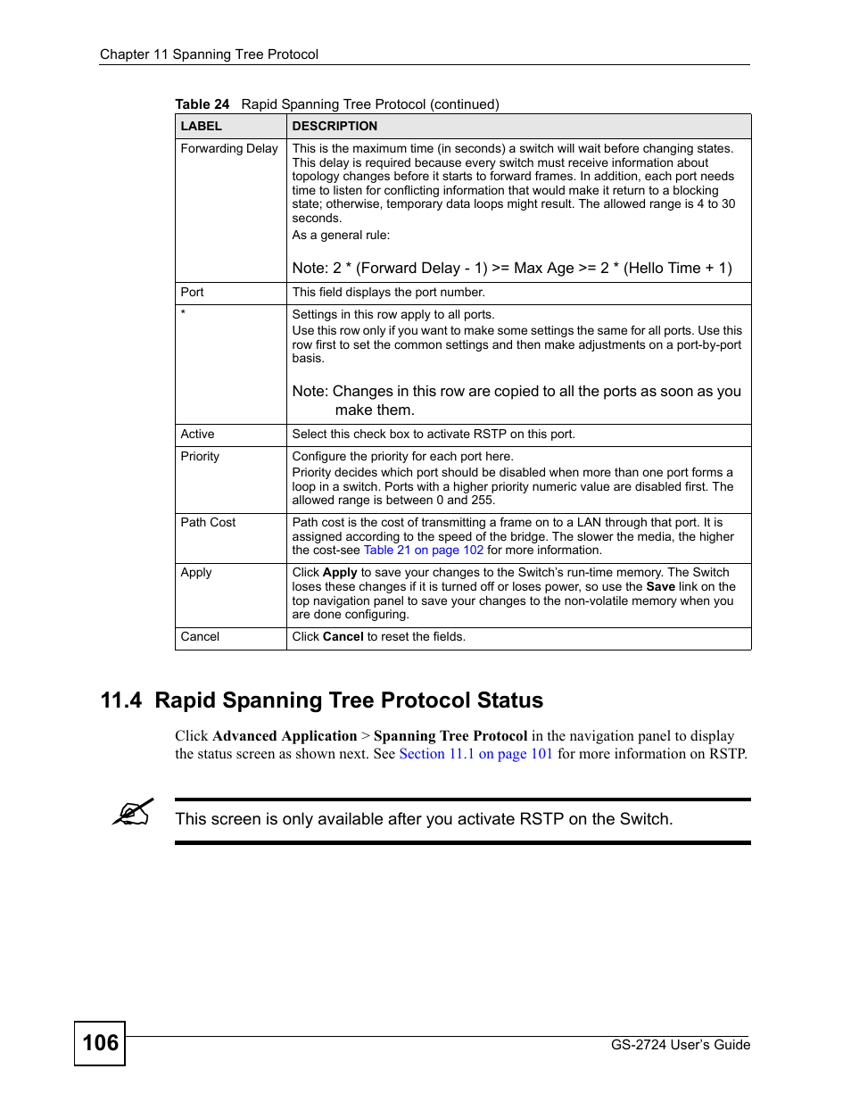 4 rapid spanning tree protocol status | ZyXEL Communications GS-2724 User Manual | Page 106 / 348