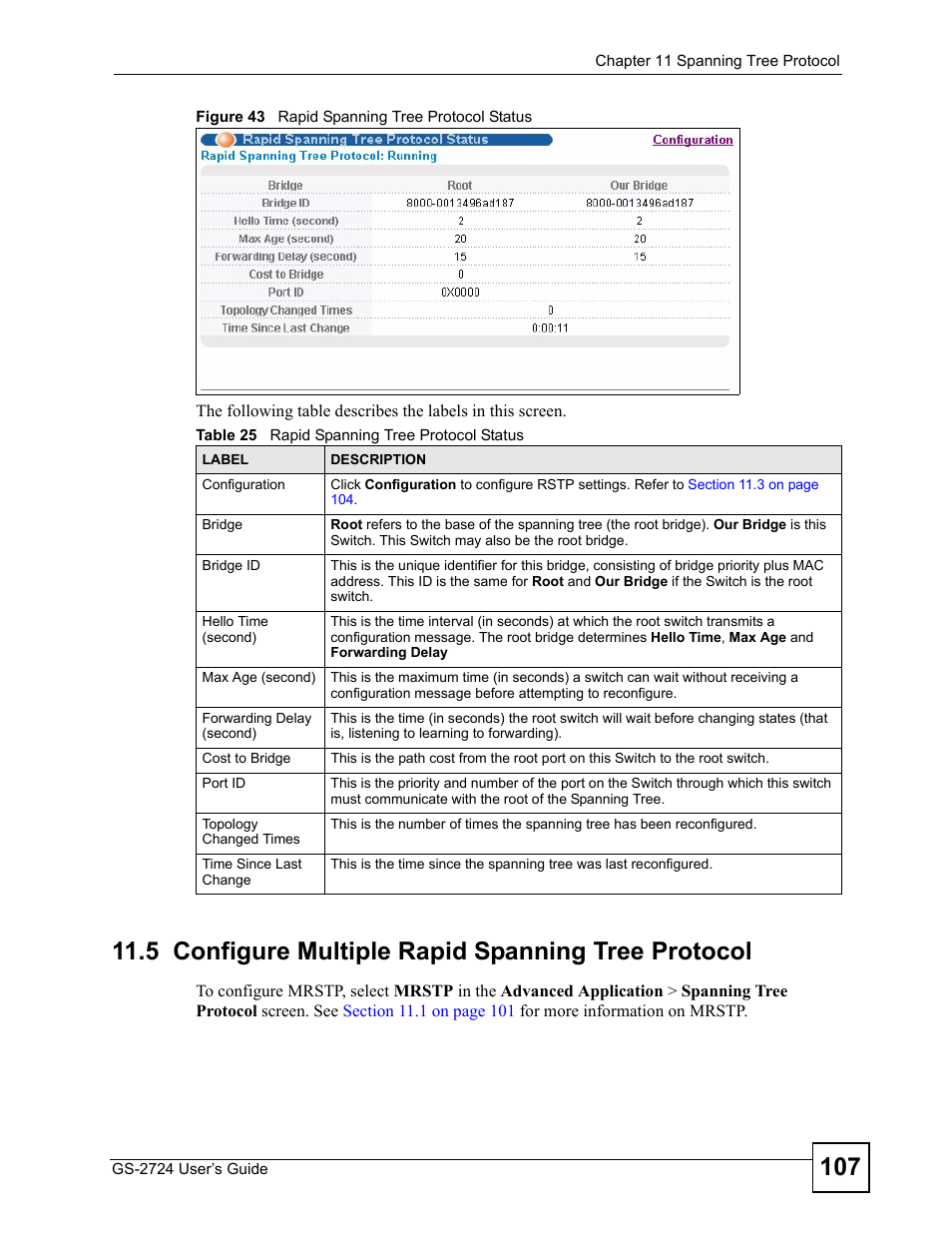 5 configure multiple rapid spanning tree protocol, Figure 43 rapid spanning tree protocol status, Table 25 rapid spanning tree protocol status | Screen. see | ZyXEL Communications GS-2724 User Manual | Page 107 / 348