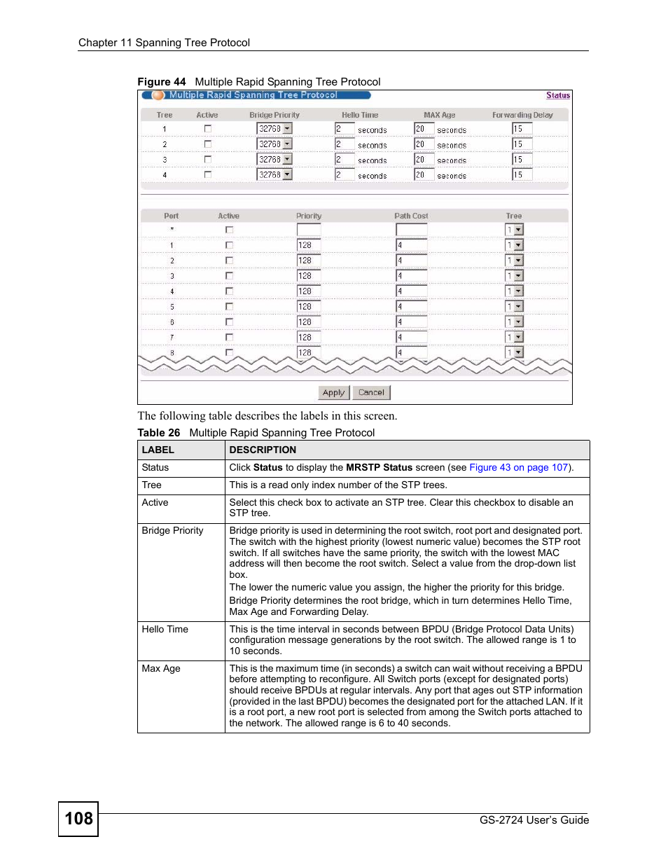 Figure 44 multiple rapid spanning tree protocol, Table 26 multiple rapid spanning tree protocol | ZyXEL Communications GS-2724 User Manual | Page 108 / 348