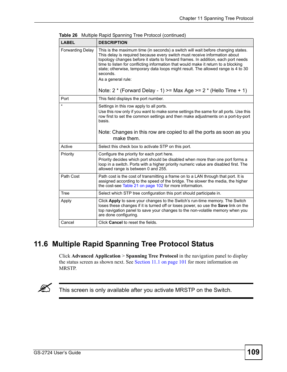 6 multiple rapid spanning tree protocol status | ZyXEL Communications GS-2724 User Manual | Page 109 / 348