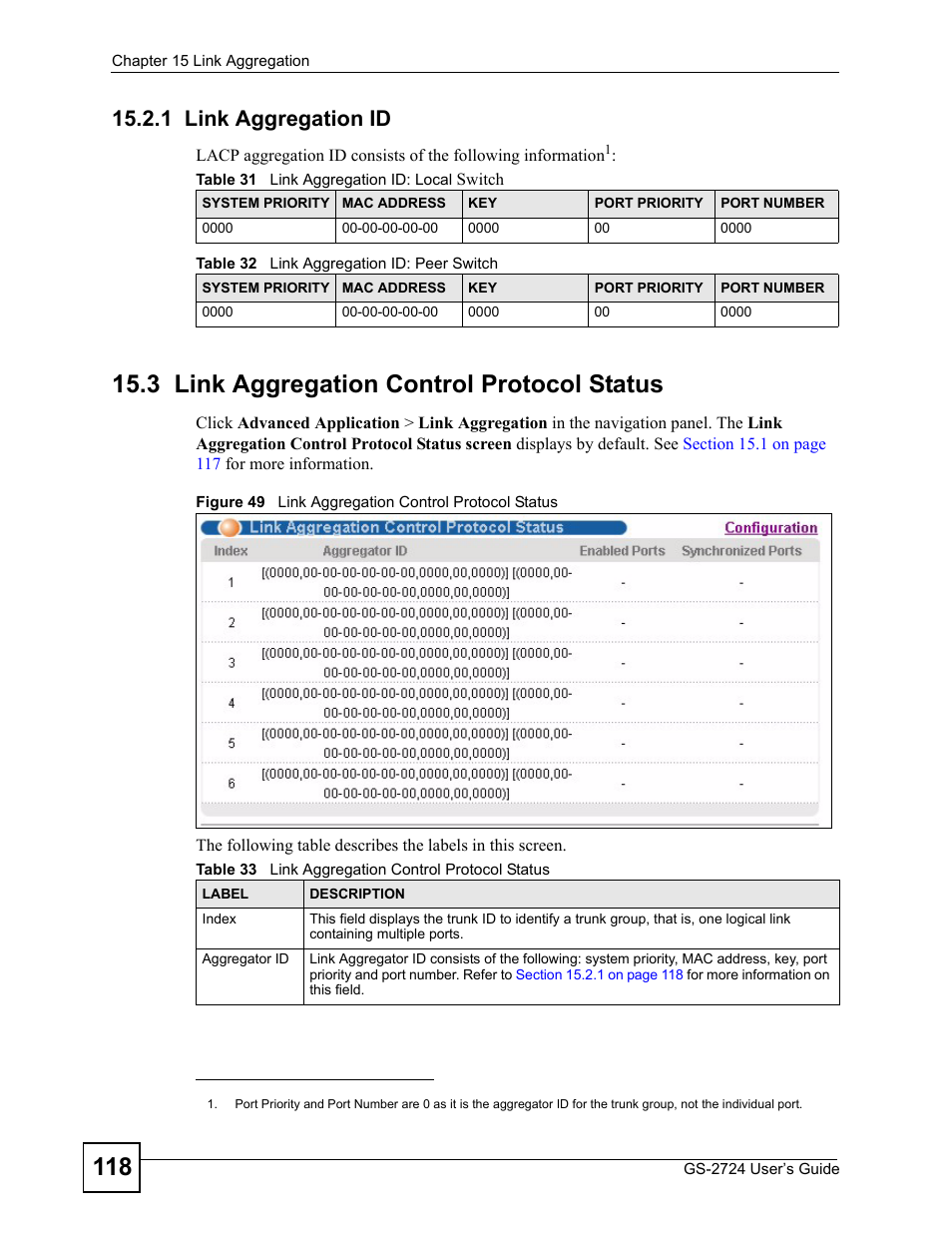 1 link aggregation id, 3 link aggregation control protocol status, Figure 49 link aggregation control protocol status | ZyXEL Communications GS-2724 User Manual | Page 118 / 348