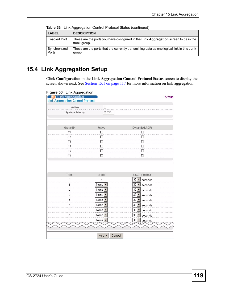 4 link aggregation setup, Figure 50 link aggregation | ZyXEL Communications GS-2724 User Manual | Page 119 / 348