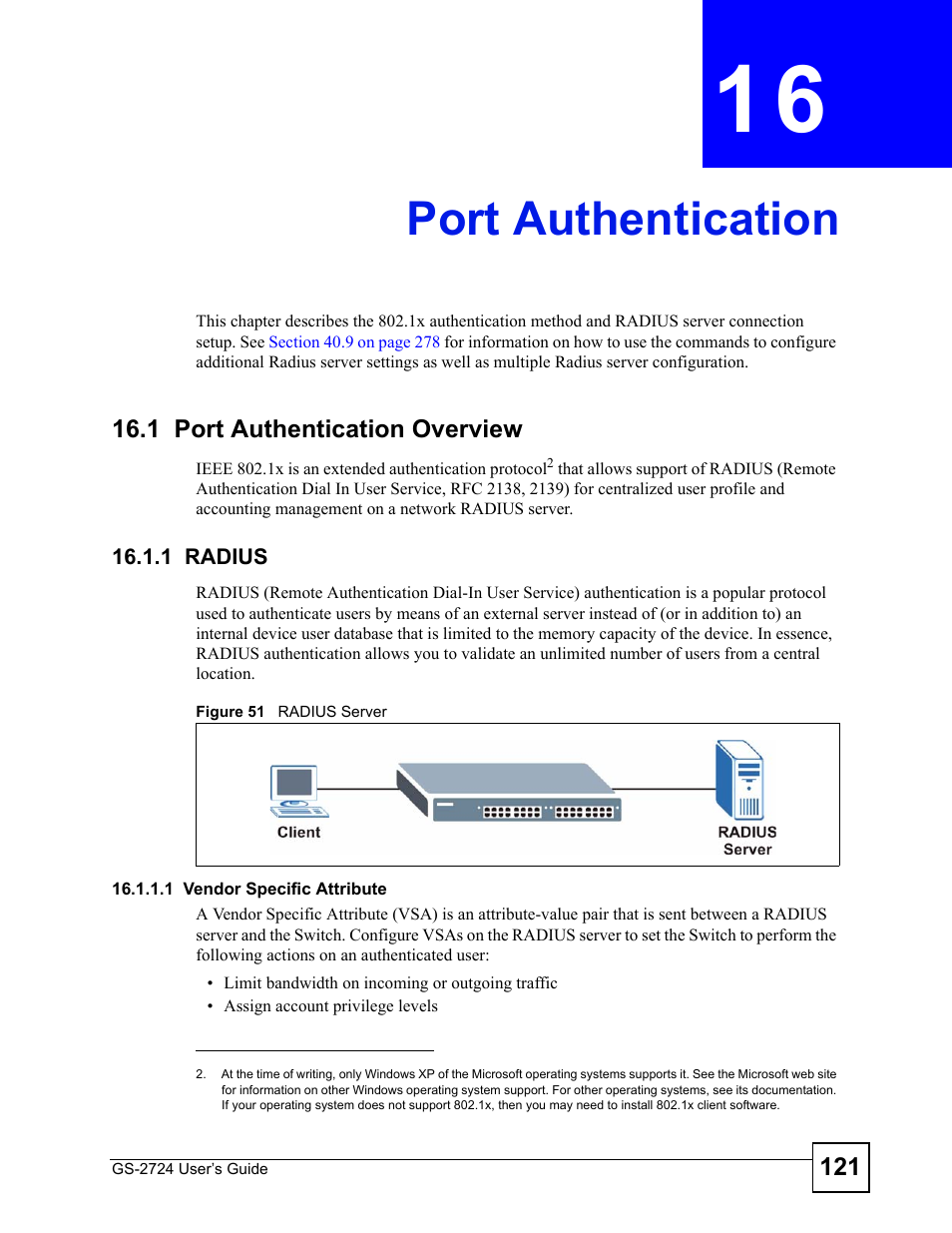 Port authentication, 1 port authentication overview, 1 radius | Chapter 16 port authentication, Figure 51 radius server, Port authentication (121) | ZyXEL Communications GS-2724 User Manual | Page 121 / 348
