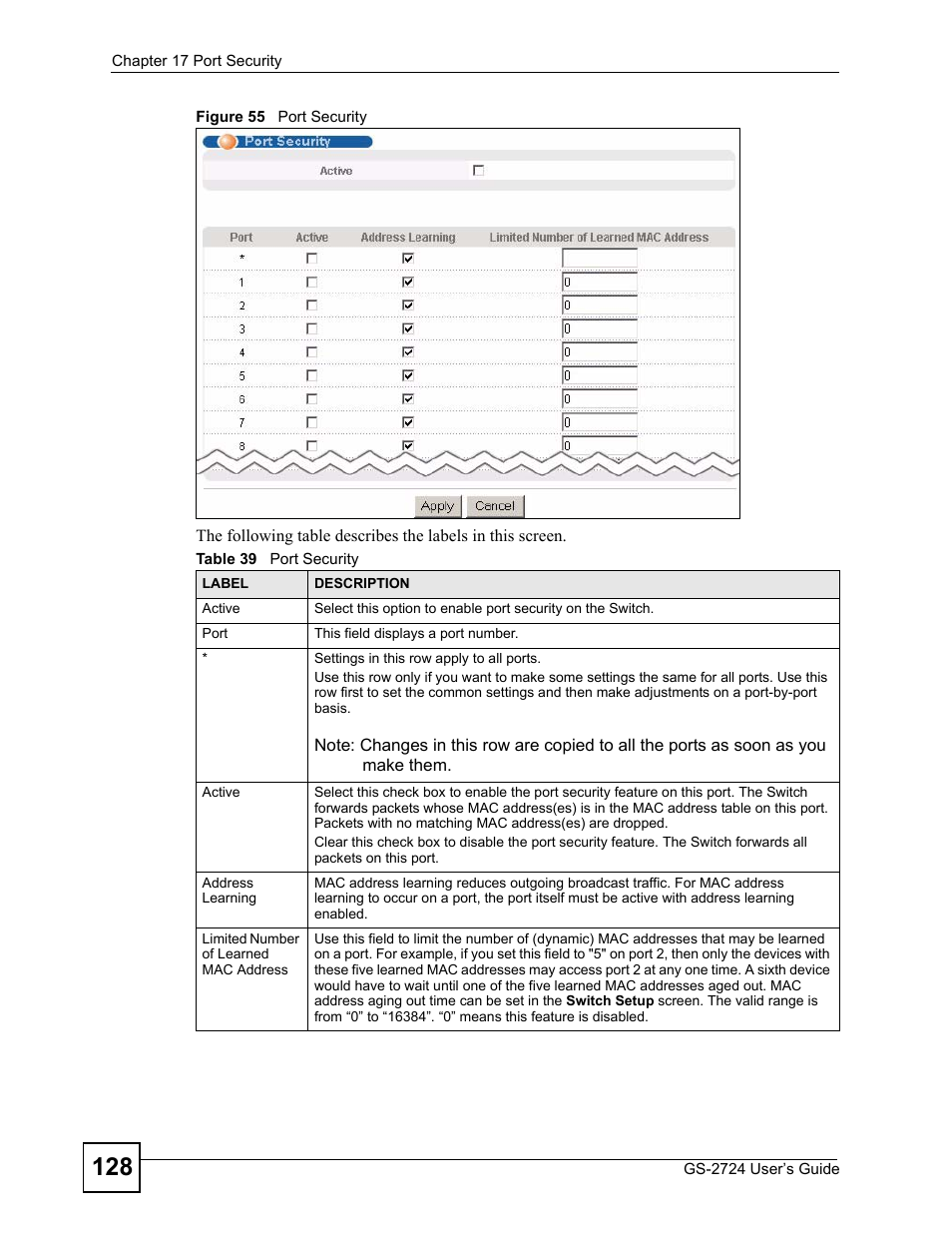 Figure 55 port security, Table 39 port security | ZyXEL Communications GS-2724 User Manual | Page 128 / 348