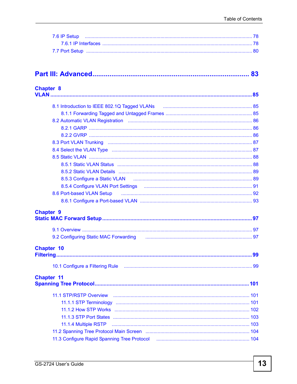 Part iii: advanced | ZyXEL Communications GS-2724 User Manual | Page 13 / 348