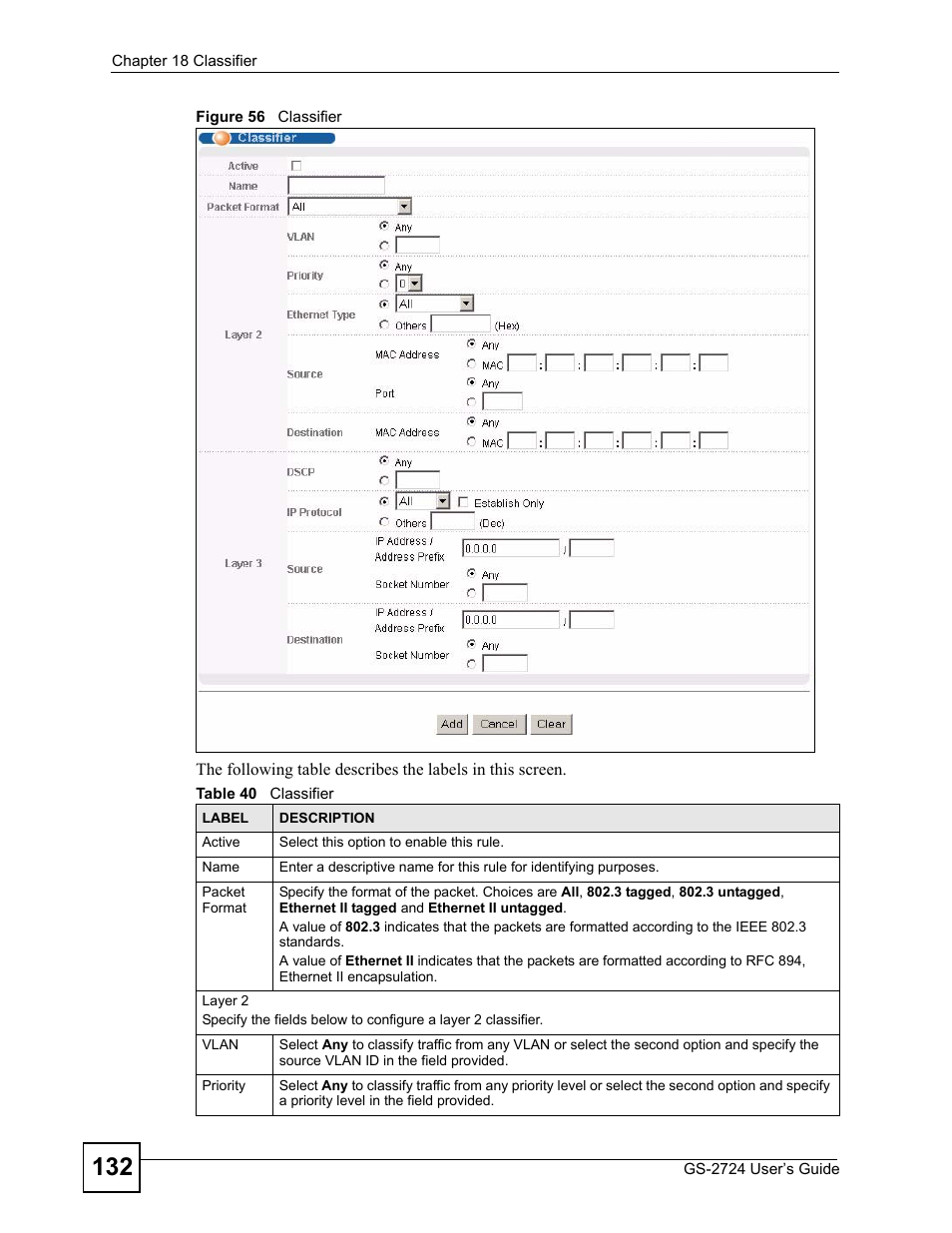 Figure 56 classifier, Table 40 classifier | ZyXEL Communications GS-2724 User Manual | Page 132 / 348