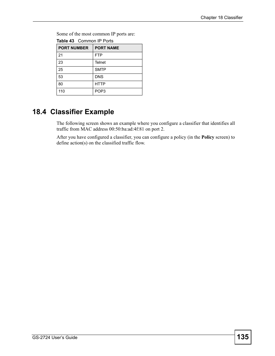 4 classifier example, Table 43 common ip ports | ZyXEL Communications GS-2724 User Manual | Page 135 / 348