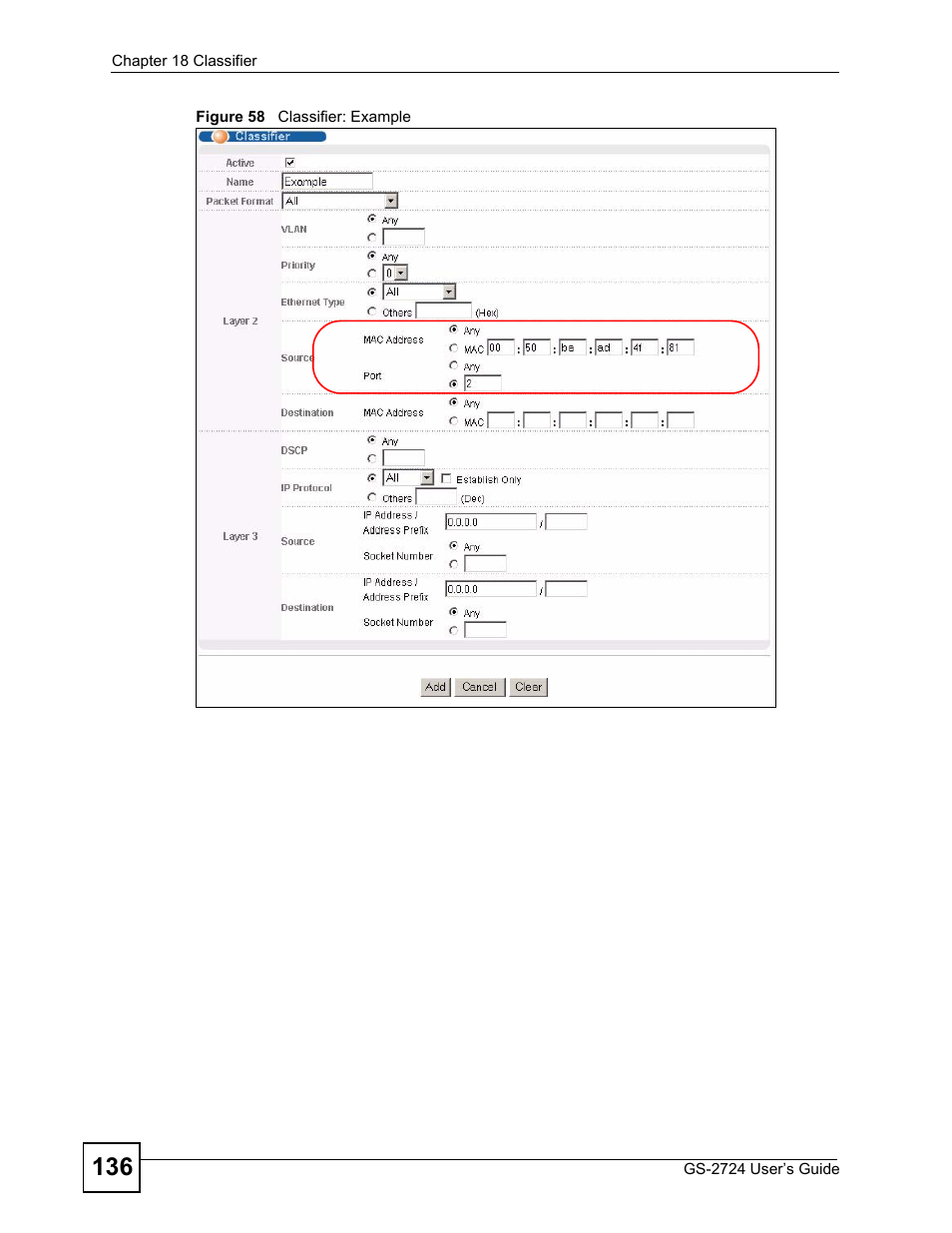 Figure 58 classifier: example | ZyXEL Communications GS-2724 User Manual | Page 136 / 348