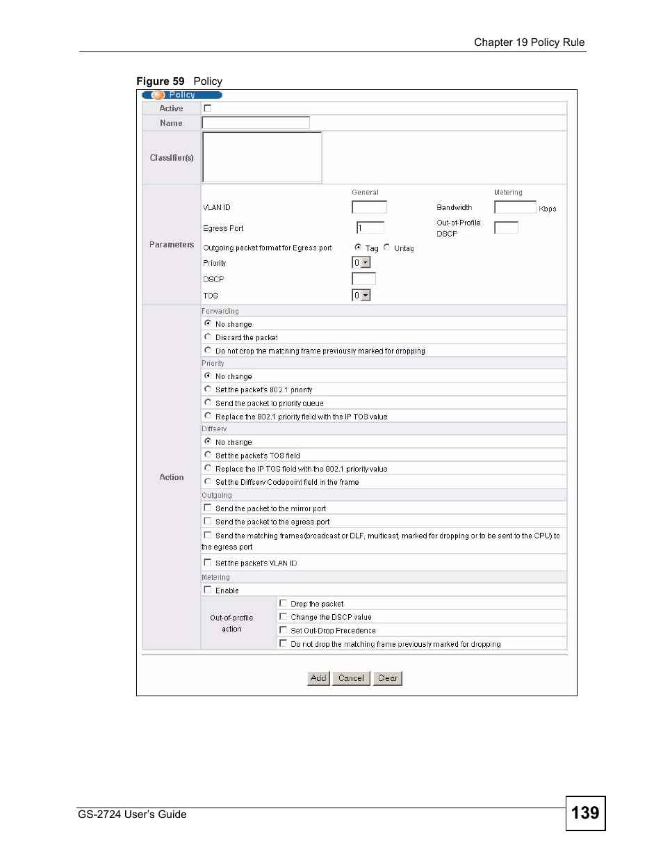 Figure 59 policy | ZyXEL Communications GS-2724 User Manual | Page 139 / 348